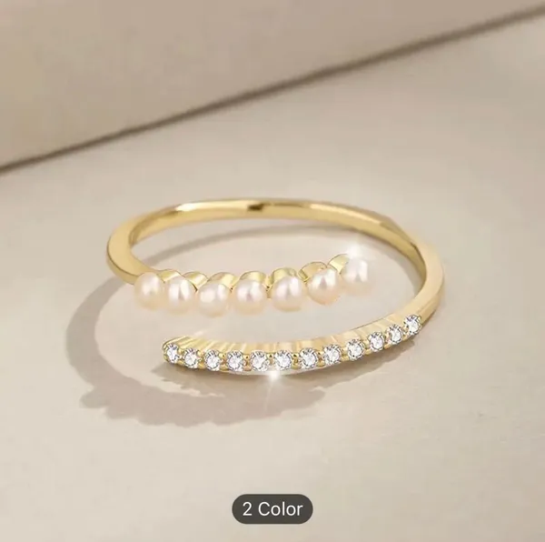 Vintage & Vacation Style Adjustable Copper Ring With Zirconia Inlay & Pearl Ring - Image 4