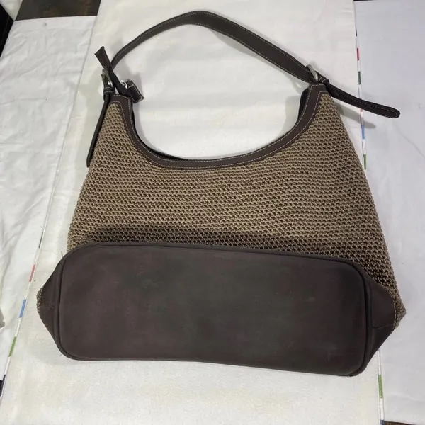 The Sak Woven Crochet Hobo Shoulder Bag Brown Leather Trim Zip Top - Image 2