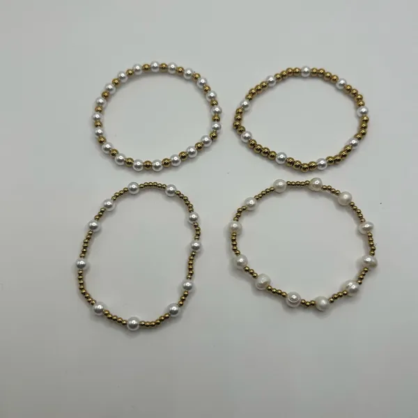 Womens Pearl Gold Bead Stretch Bracelet Set of 4 18k Plated Saphir New - Image 4