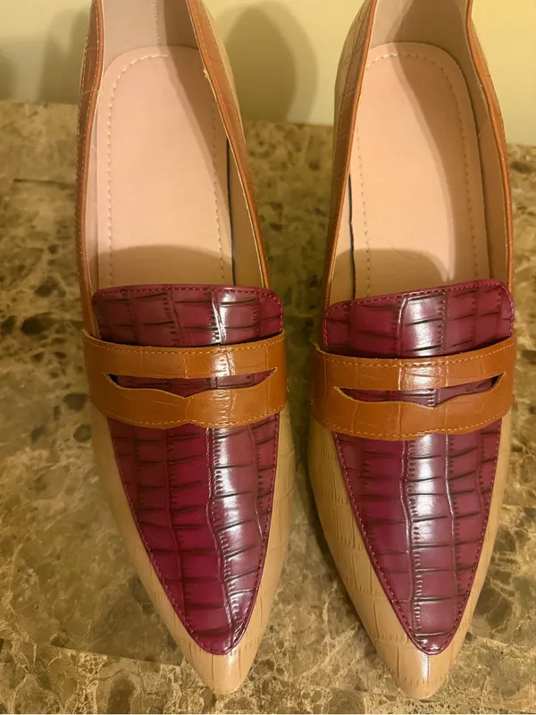 Pointed Toe Two-Tone Women’s Loafers in Burgundy and Tan Never Worn New! - Image 2