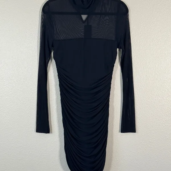 H:ours Black Ruched Bodycon Mini Dress Womens M Sheer Baddie Party Night Out - Image 7