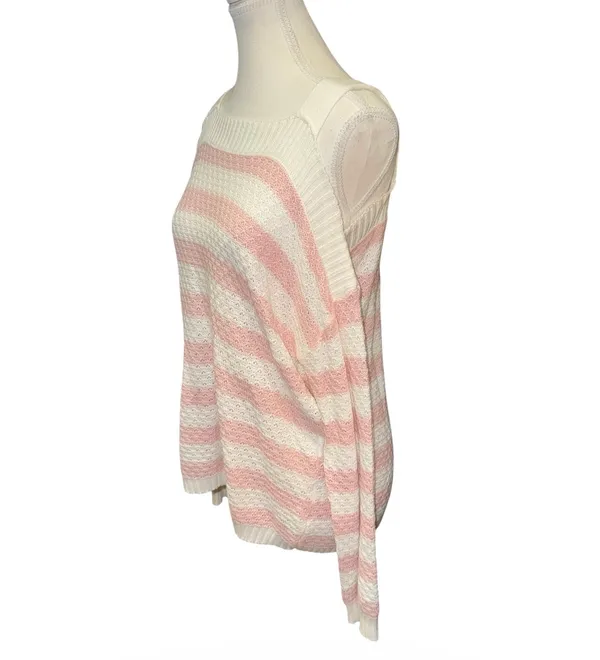 Pink & white stripe cold shoulder knit sweater - Image 2