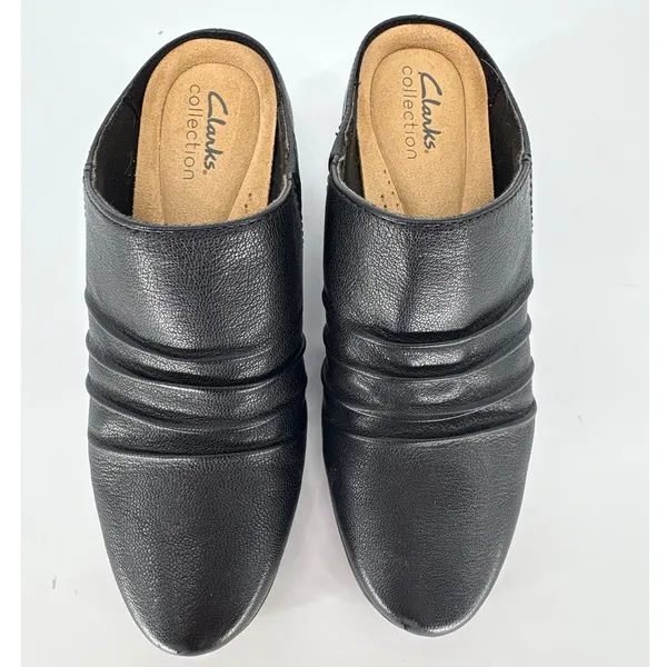 Clarks‎ Collection Mules Womens 6 Black Leather Ruched Slip On Block Heel Shoes - Image 6