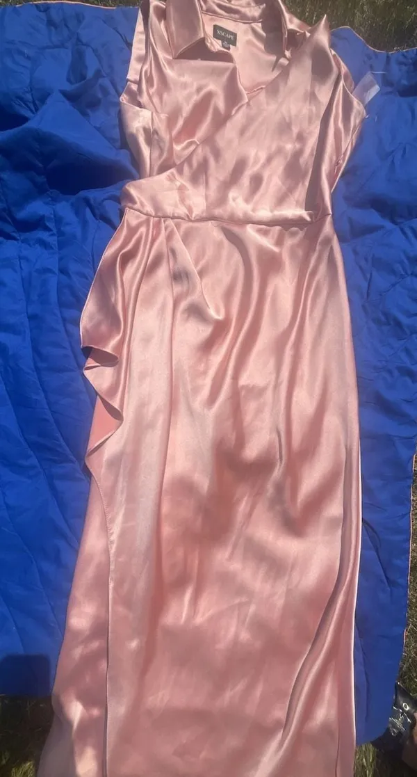 Xscape Women's Pink Satin Collared Wrap Front Maxi Dress Size 16 - Image 5