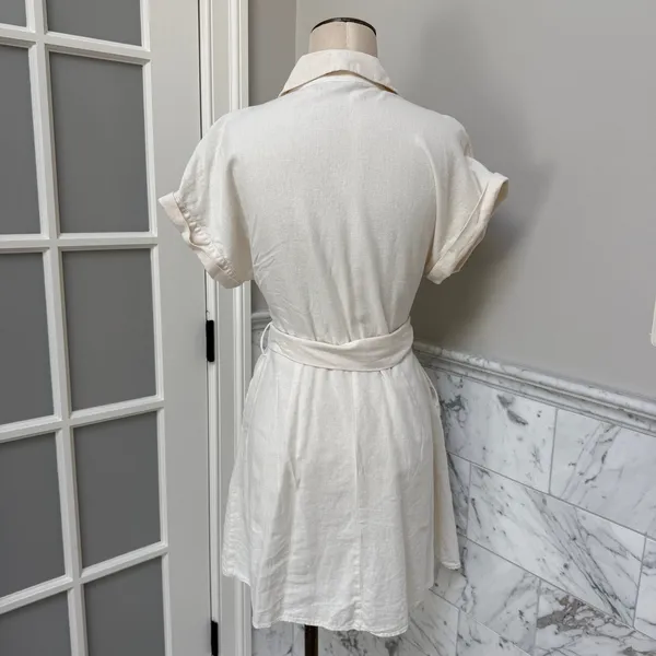 Zara Linen Blend Belted Shirt Robe Dress Pockets Johnny Collar XS - Image 3