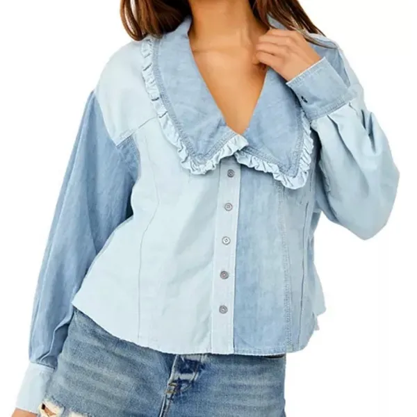 FREE PEOPLE Daisy Denim Ruffle Collar Button Down Shirt Top Size Large NWT - Image 4