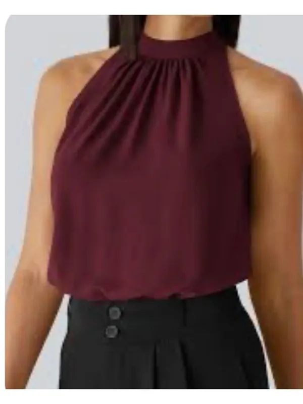 Halara M Burgundy High-Neck Sleeveless Halter Top Blouse With Keyhole Back Size - Image 2