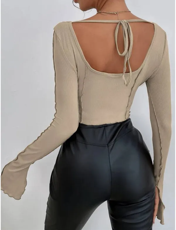 Tie Back Lettuce Trim Crop Top Tan - Image 2