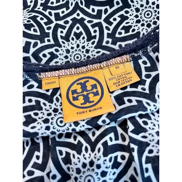 Tory Burch Navy White Geometric Crochet Tassel Blouse Size 10 Cotton Boho‎ Top - Image 7