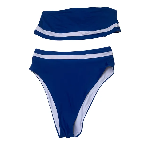 Aerie high cut cheeky bikini bottom bandeau top‎ blue beach white large medium - Image 3