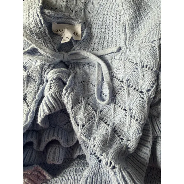 Olive+ Oak Light Blue Pointelle Knit 2 Piece Set Tie Front Crop‎ Top Midi Skirt - Image 6