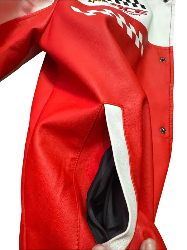 Red and White Racing Bomber Jacket with Checkered Details - Image 9