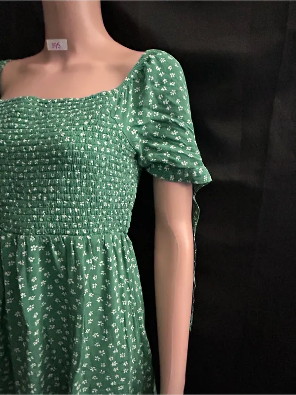 American Eagle Green & White Floral Smocked Square-Neck Mini Dress MD - Image 3