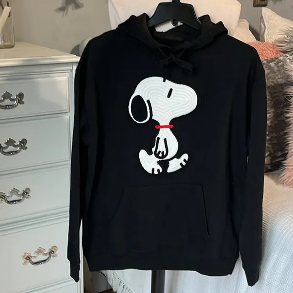 Snoopy Sweatshirt Black Cotton Hoodie Pullover Crochet Patch Womens Medium - Image 3