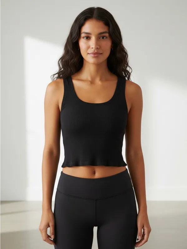 Women's Black Ribbed Modal Cropped Tank Top Small - Image 2
