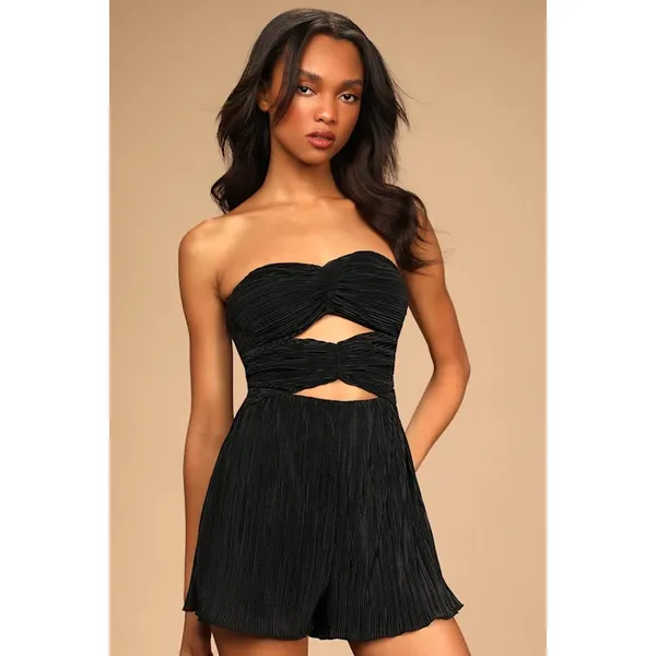 NEW Lulus Black Strapless Tube Bandeau Cutout Pleated Plisse Romper Shorts Sz S - Image 5