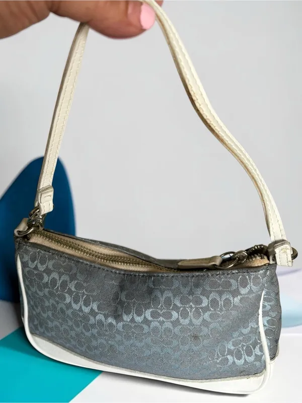 Coach Gray-Blue Signature Jacquard Shoulder Bag with White Trim - Image 8