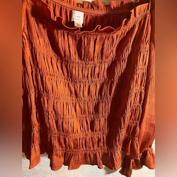 A New Day Orange Smocked Ruffled Sleeve Blouse NWOT ruffles square neckline boho - Image 4