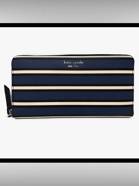 Kate Spade Cameron York Stripe Large Continental Wallet Blue Saffiano Leather - Image 2