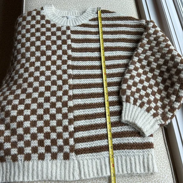 NWOT Blu Pepper Cream & Brown Checkerboard & Striped Sweater Sz S Puffed Sleeve - Image 11