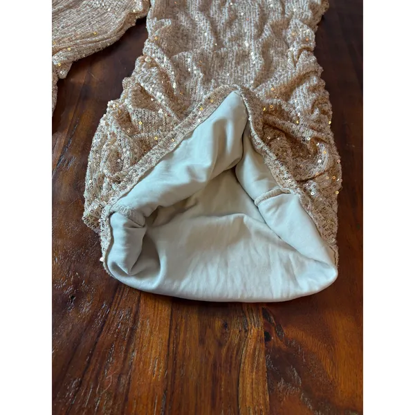 Champagne Gold Sequin One Shoulder Mini Dress Ruched‎ Balloon Sleeve Small - Image 9