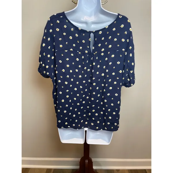 Madewell Size L Navy White Floral V Neck High Low Rayon Top - Image 3