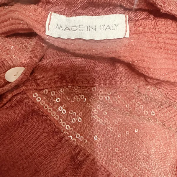 Dusty Rose 100% Linen Top Blouse made in Italy sequins roll tab sleeves camp M - Image 5