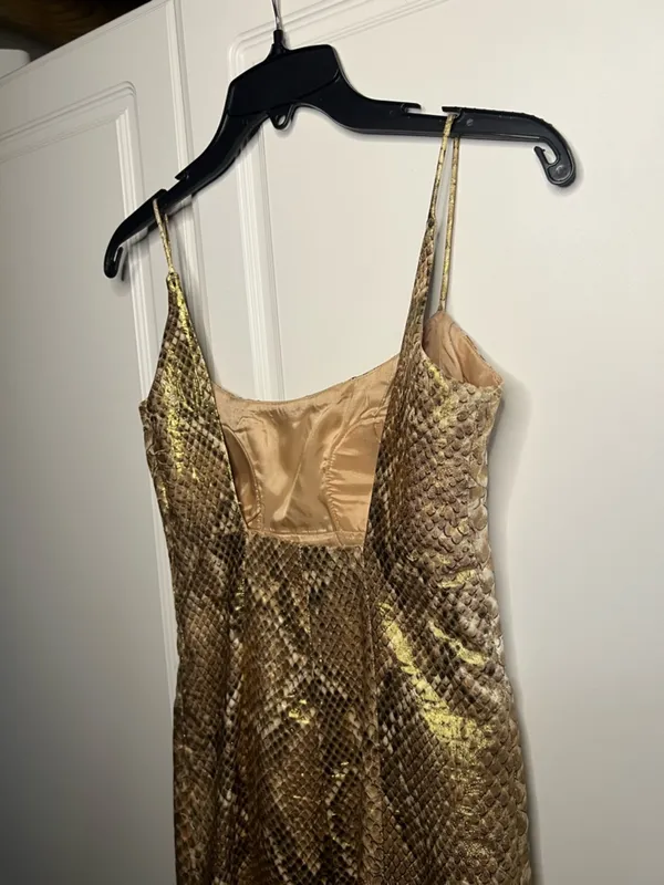 Vintage Y2K Tracy Reese Silk Gold Metallic Snakeskin Mini Party Dress - Image 10