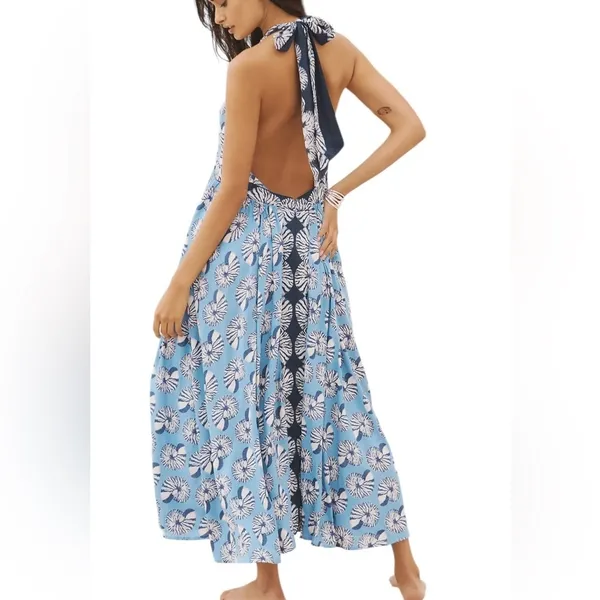 By Anthropologie XS Halter Cutout Midi Dress Maxi Blue Seashells Print. J-13 - Image 2