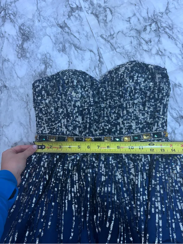 Sherri Hill 8413 navy blue Mini prom strapless Dress beaded sequins 100% silk 6 - Image 7