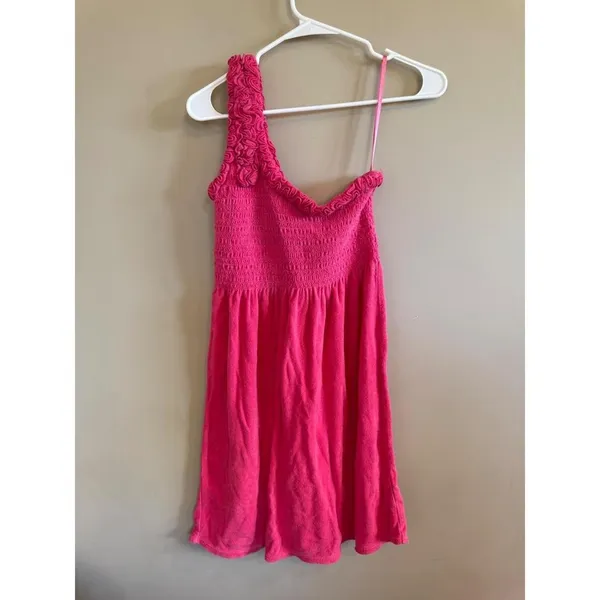 Juicy Couture Pink Smocked One Shoulder Terry Cloth Beach Cover‎ Up Dress M - Image 4
