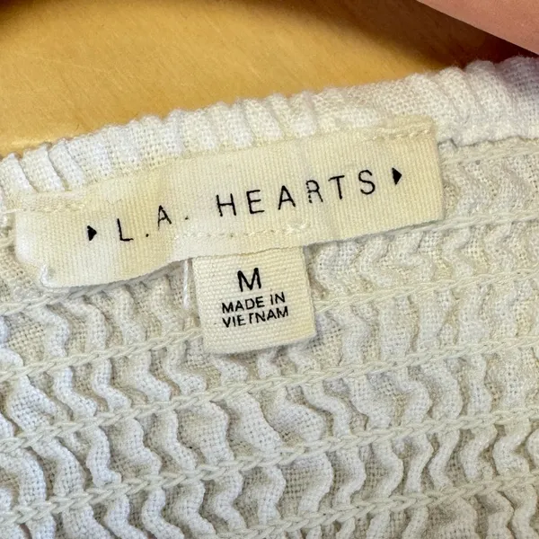 LA Hearts Linen Blend Tie Shoulder Smocked Ruffle Crop Top Medium White Cottage - Image 6