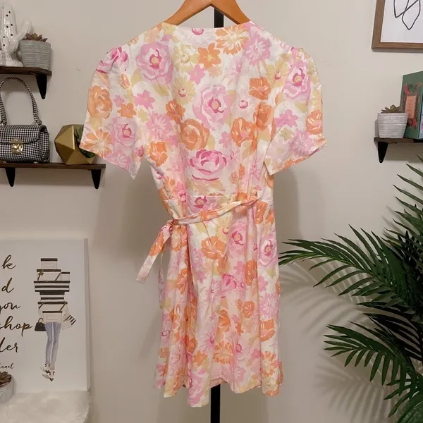 Charlie Holiday Calile Floral Wrap Mini Dress Linen Puff Sleeve Cottagecore - Image 10