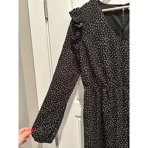 Downeast Womens XL Black Tan Seed Print Ruffle Long Sleeve Wide Leg‎ Jumpsuit - Image 2