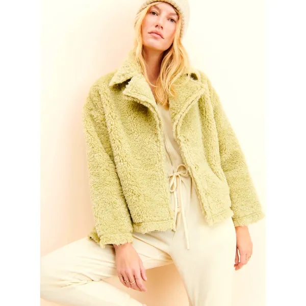 Free People Moon River Sherpa Collared Jacket Pale Lime size S - Image 2