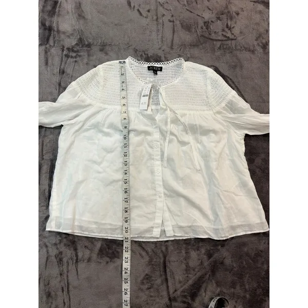 NWT J.Crew Smocked Cotton Popover top in cotton voile Blouse White Eyelet Trim M - Image 6