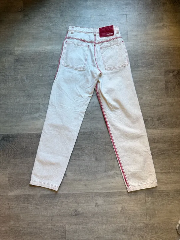 Madhappy Mid Rise Straight Leg 5 Pocket Off-White Jeans Red Stitching Size S - Image 8