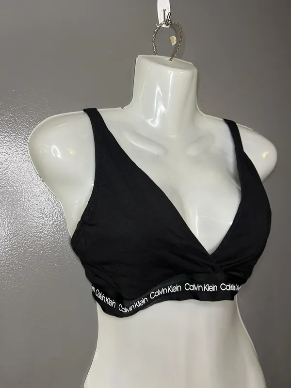 Calvin Klein Bralette Bra Womens Large Black Cotton Wireless Logo V Neck Stretch - Image 3