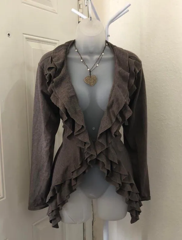 Grace Elements Whimsygoth boho brown ruffle cardigan long sleeve - Image 2