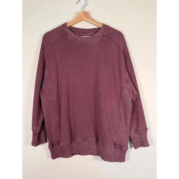 Aerie Women Oversized‎ Ribbed Side Panel Crewneck Sweatshirt Burgundy XS - Image 2