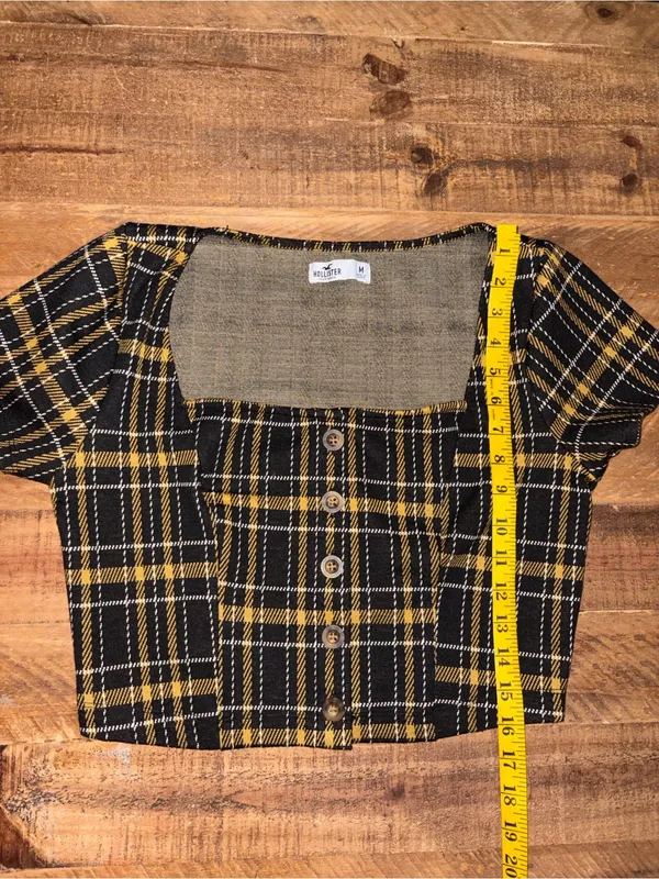 Hollister Black & Mustard Plaid Square-Neck Crop Top - Image 6