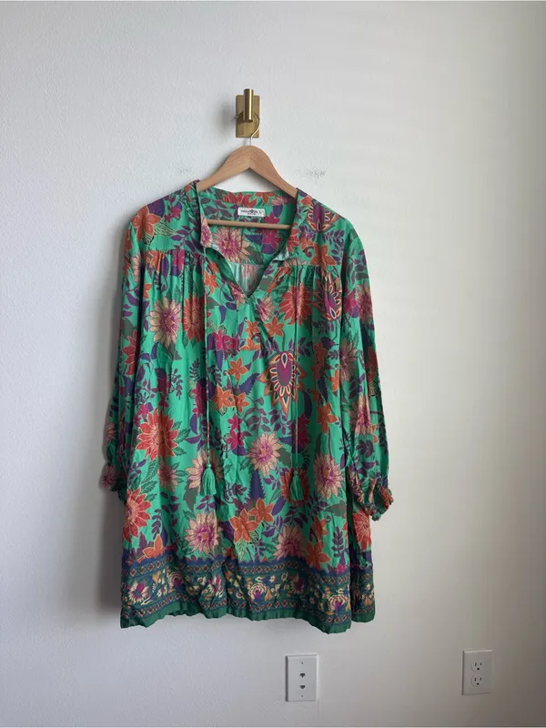 Natural Life Dara V-Neck Mini Dress Green Floral Boho Large - Image 4