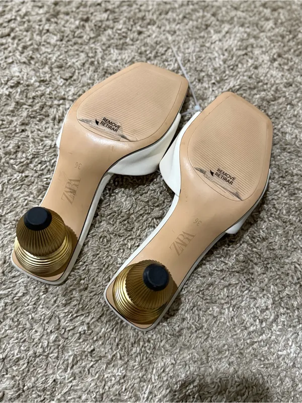 Zara White Women's Open-Toe Heeled Sandals with Sculpted Gold Heel - Image 4