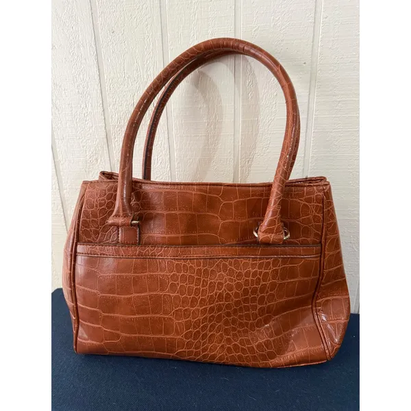 Anne Klein Cognac Brown Croc Embossed Faux Leather Satchel Handbag Gold Hardware - Image 6