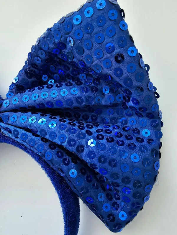 Oversized Royal Blue Sequin Big Bow Headband Velvet Base Costume Dance - Image 4