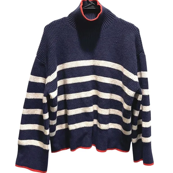 Zara Striped Mock Neck Sweater Womens Small Navy Blue Red Trim‎ Nautical Ribbed - Image 2