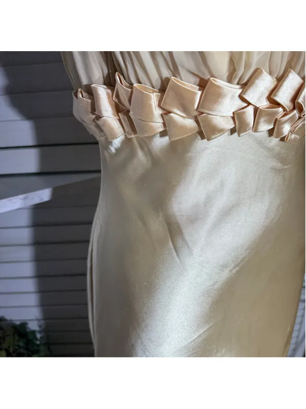 Vintage 90s prom dress golden satin open back mermaid formal homecoming fairy S - Image 7
