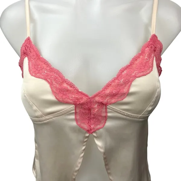 Edikted White Pink Lace Silk Satin Cami Camisole Spaghetti Strap Crop Tank Top S - Image 3