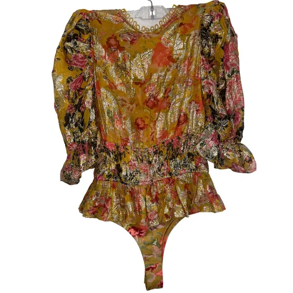 HEMANT AND NANDITA Nova Bodysuit in Mustard Multi X-Small New Womens Blouse Top - Image 8