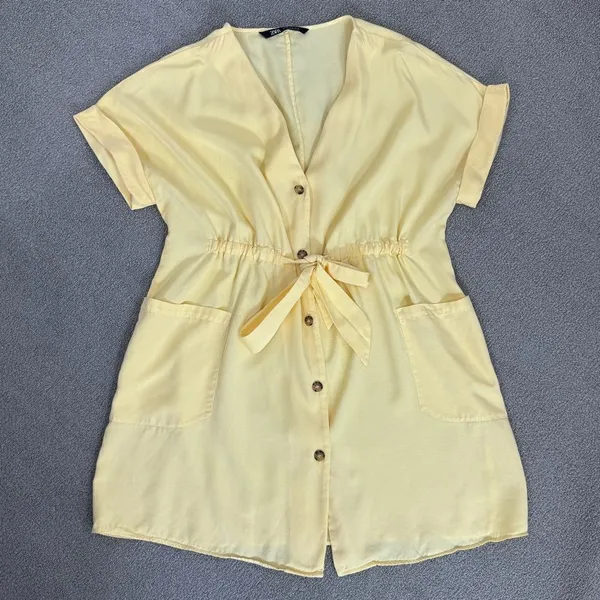 Zara Button Front Tie Waist Shirt Dress‎ Yellow XS Cap Sleeve - Image 14